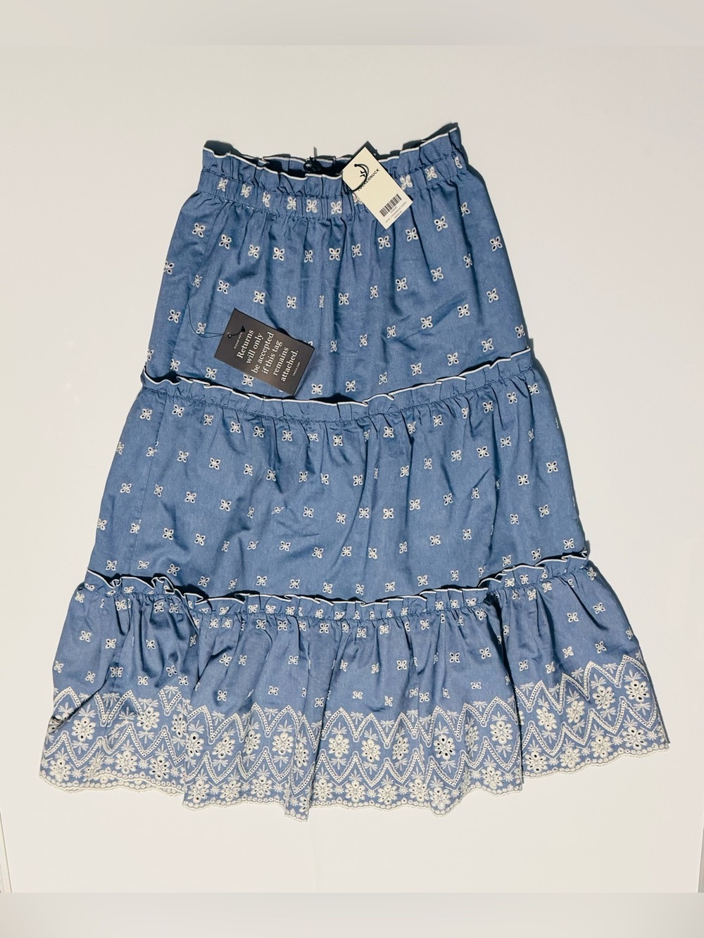 NEW Tuckernuck Skirt Womens Sz Med Chambray Embroidered  Tiered Eyelet Ruffle